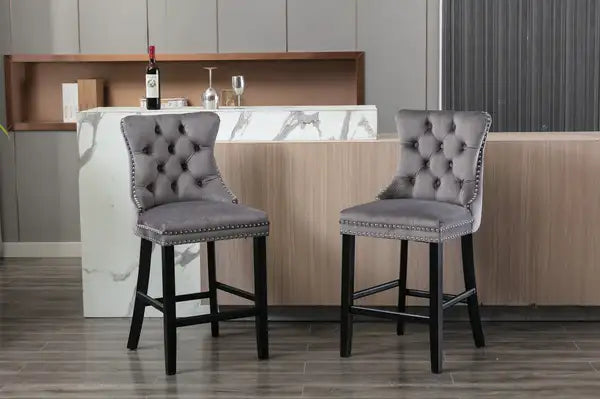 Contemporary Velvet Barstools Set of 2 with Button Tufted, Wooden Legs & Chrome Nailhead Trim (Gray) - Minihomy