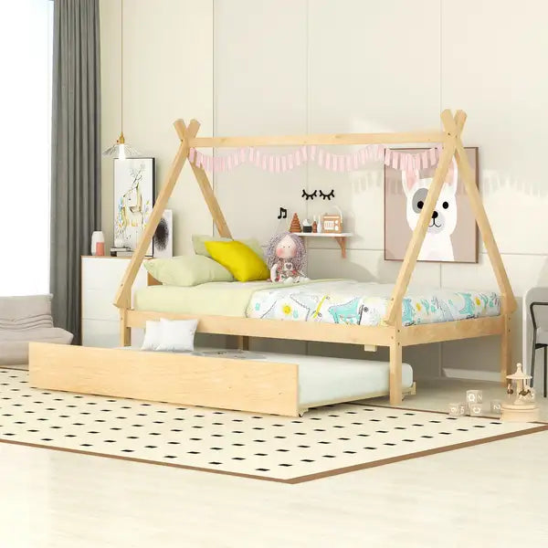 Twin Teepee Tent Bed with Trundle - Natural Wood Frame for Kids