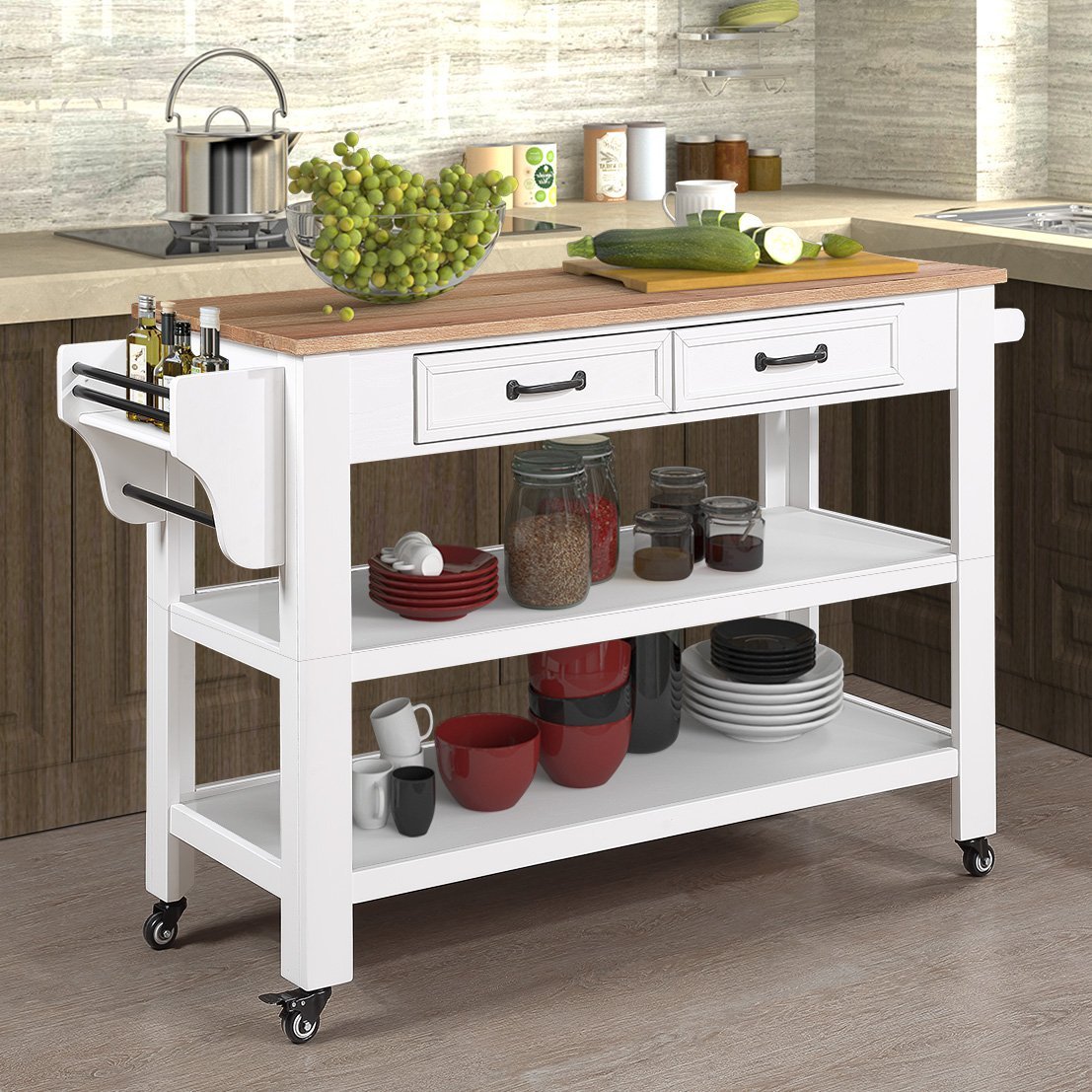 57 Inch Rolling Kitchen Island with Storage - Solid Oak Top, Wine & Spice Rack, 2 Drawers, White & Natural