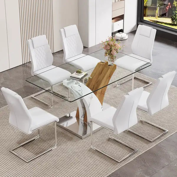 Modern Dining Table & 6 Chair Set, Tempered Glass Top, PU Seats, Artistic Design