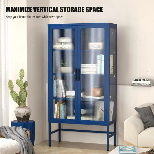 Blue Steel Storage Cabinet - Double Glass Doors, Adjustable Shelves