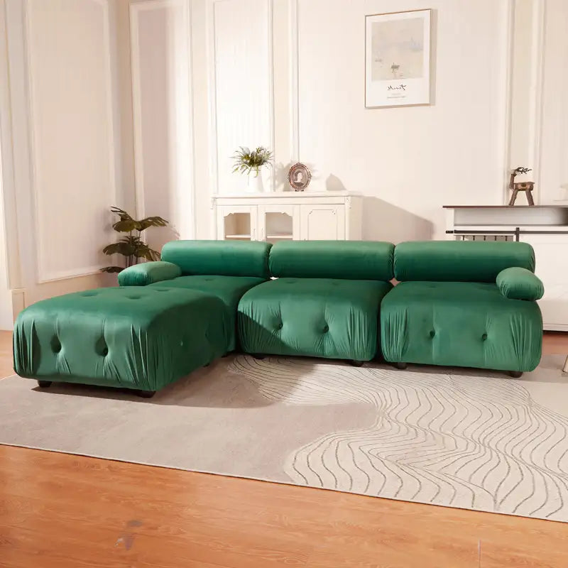 Green Velvet Modular Sectional Sofa - L-Shaped Couch with Ottoman