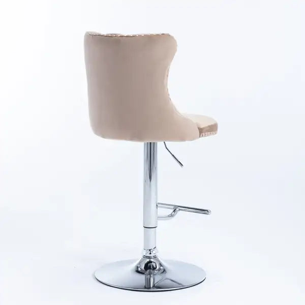 Khaki Velvet Bar Stools - Adjustable Height, Chrome Base, Tufted Back - Set of 2 - Minihomy