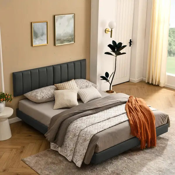 Queen Floating Bed Frame with Wall Mounted Headboard - Modern Low Profile Platform Bed, Grey, No Box Spring Needed