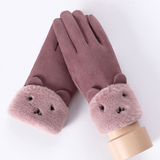 Winter Female Lace Warm Cashmere Three Ribs Cute Bear Mittens Double thick Plush