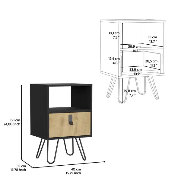 Black Nightstand with Hairpin Legs & Drawer - 24" Tall, Macadamia Accent Table - Minihomy