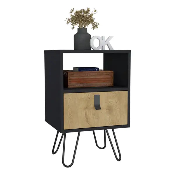 Black Nightstand with Hairpin Legs & Drawer - 24" Tall, Macadamia Accent Table - Minihomy