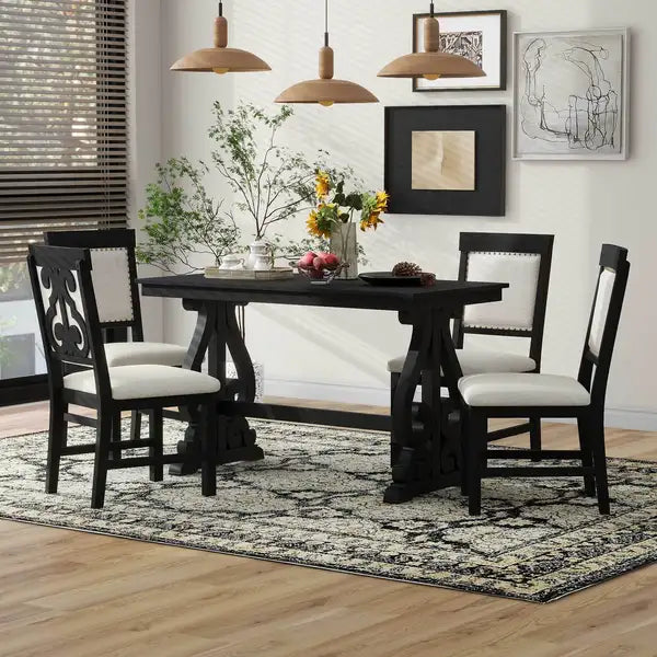 TREXM 5-Piece Retro Dining Set - Black Wooden Table & Upholstered Chairs for Kitchen/Dining Room