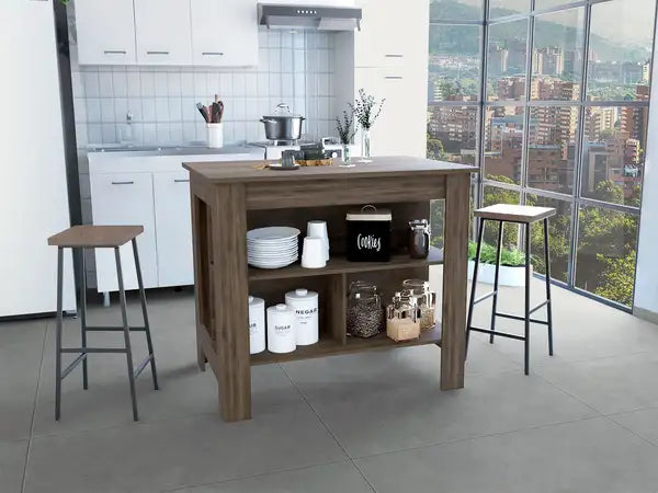 Delos Kitchen Island with 4 Legs, 3 Shelves - Dark Brown - Minihomy