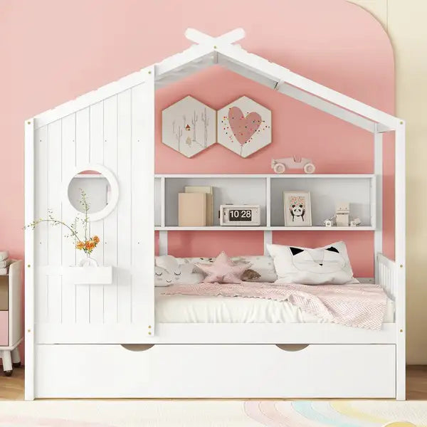 Twin Size House Bed with Trundle & Storage - White Modern Kids Bed