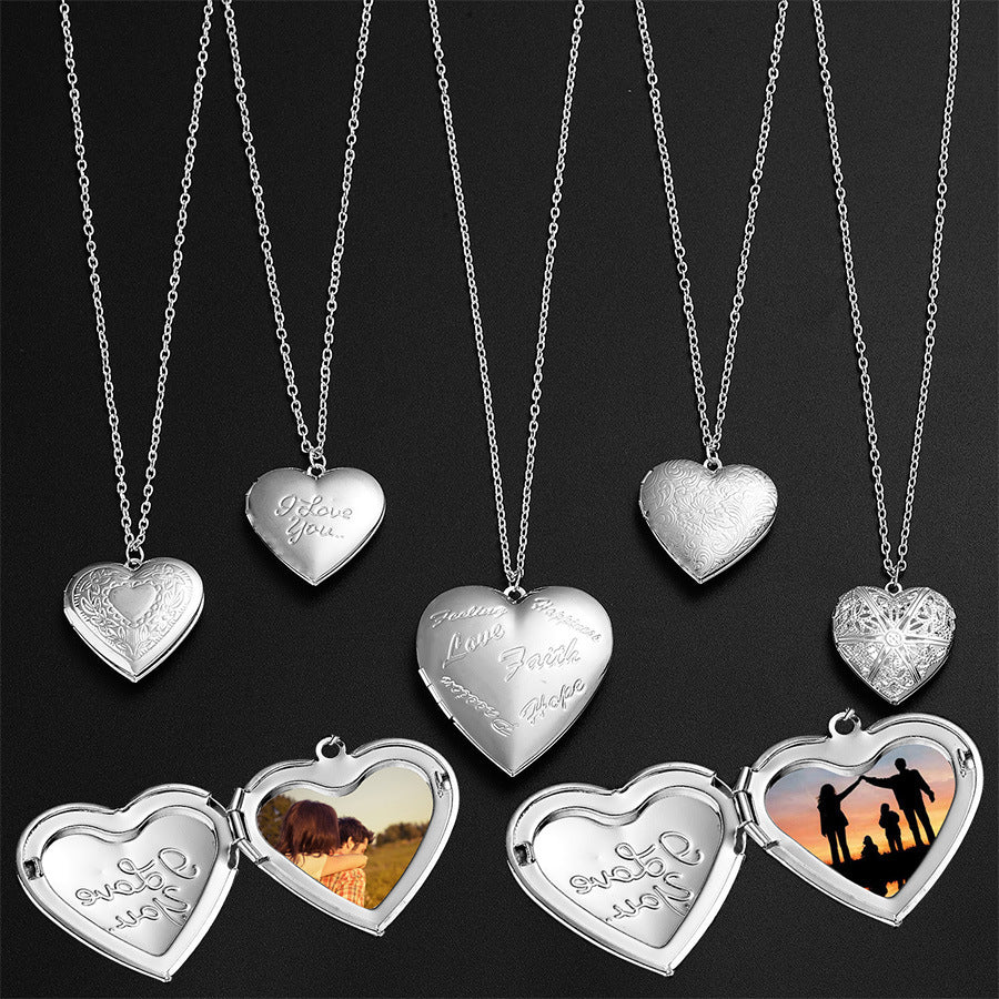 Carved Design Love Necklace - Personalized Heart-shaped Photo Frame Pendant Necklace