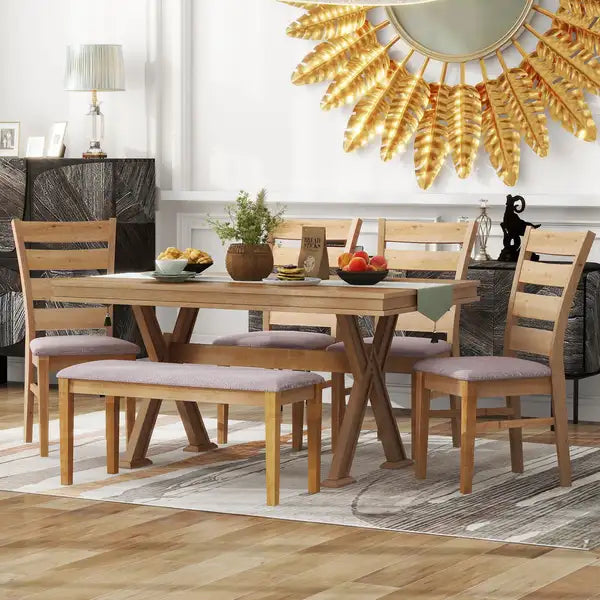 6-Piece Retro Dining Table Set with Bench - Natural Wood Wash - TREXM