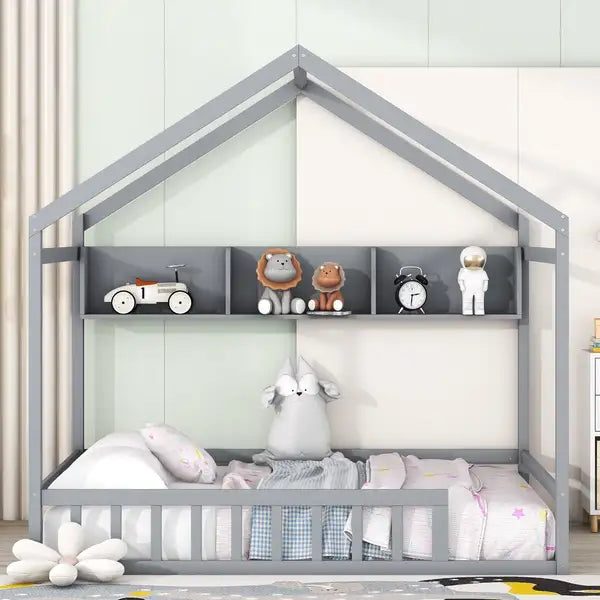 Full Size Wooden House Bed with Storage Shelf & Fence - Gray Kids Bed