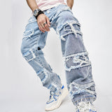 High Street Trousers - Men's Full-Length Patched Straight Fit Hip Hop Jeans
