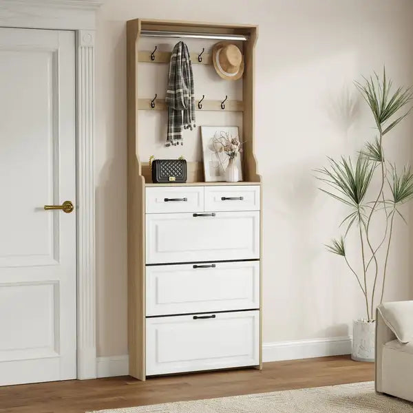 Oak Shoe Cabinet: 3 Doors, 2 Drawers, Hanging Rod - Large Storage