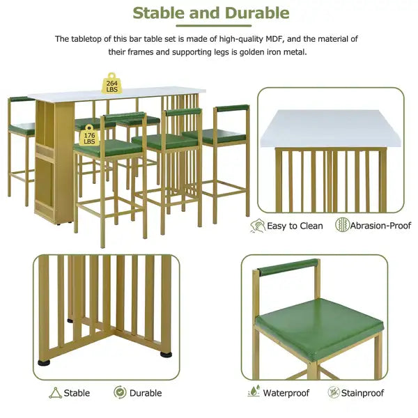 7-Piece Counter Height Dining Set with Upholstered Stools - White & Green - TREXM - Minihomy