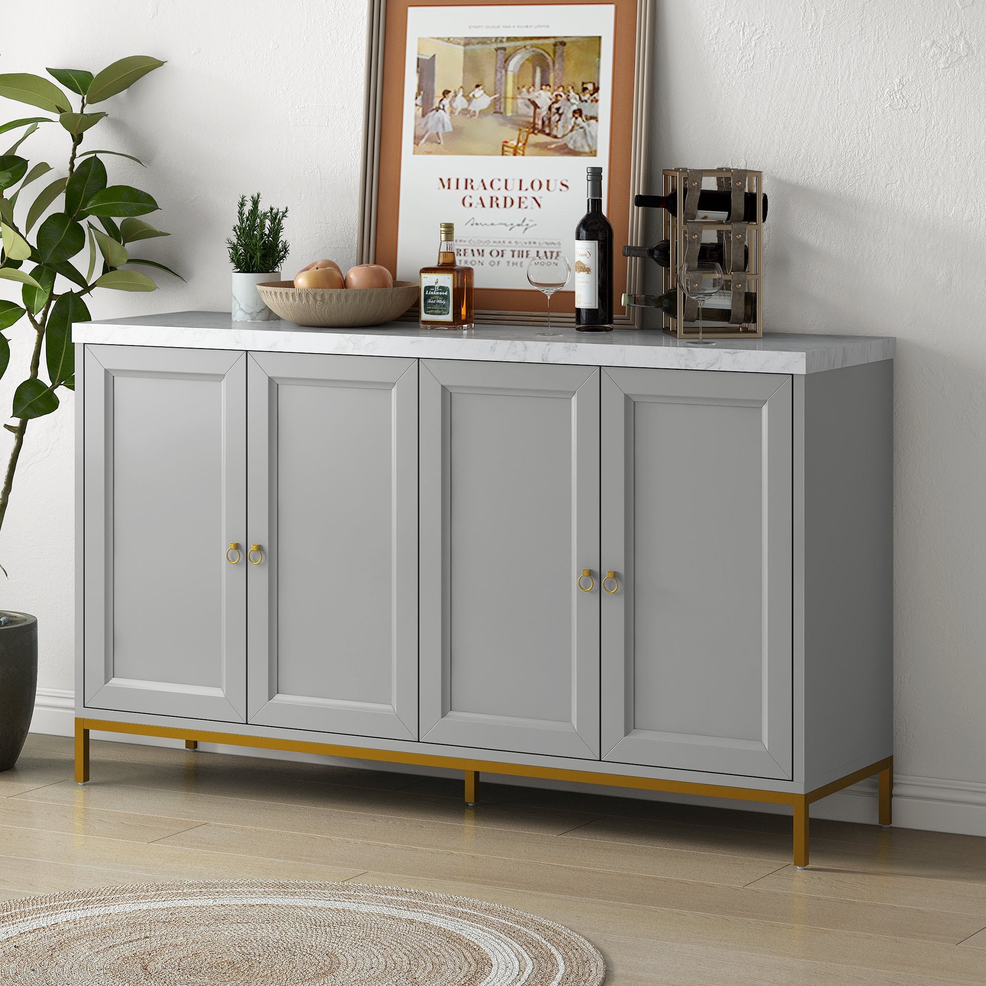 Modern Sideboard with Large Storage, Metal Handles - Light Grey for Living & Dining Room