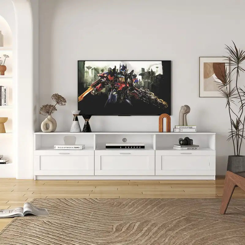 Modern White TV Stand for 80" TVs - Minimalist Open Locker Cabinet