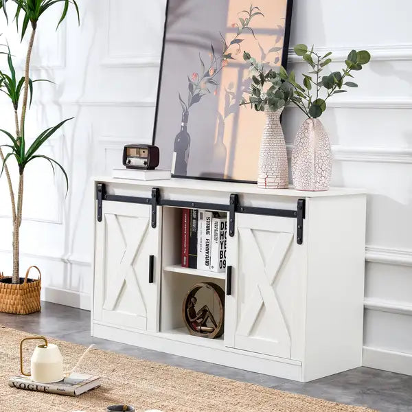 White Wooden TV Stand with Sliding Barn Doors - Bedroom, Living Room & Hallway Storage