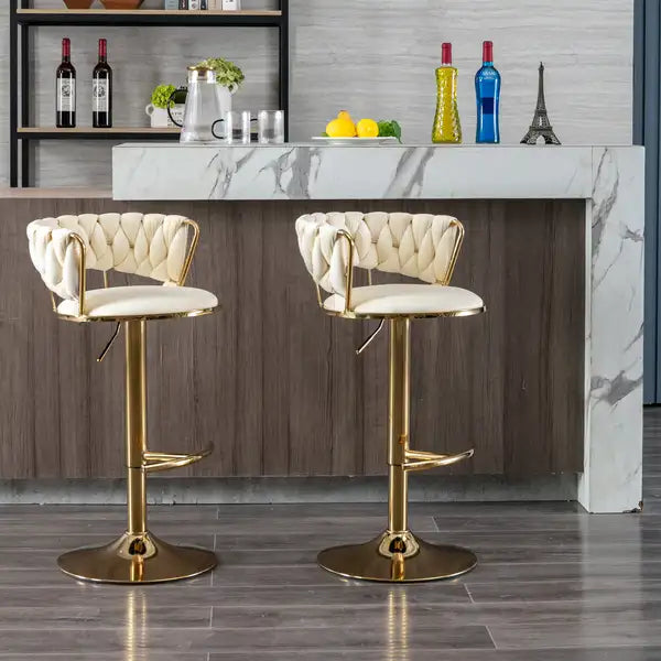 Cream Velvet Swivel Bar Stools Set of 2 - Height Adjustable & Chrome Base - Minihomy