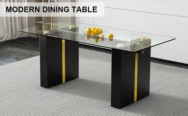 Large Rectangular Glass Dining Table for 6-8 People - Modern Simple Design, Tempered Glass Top, MDF Legs - Minihomy