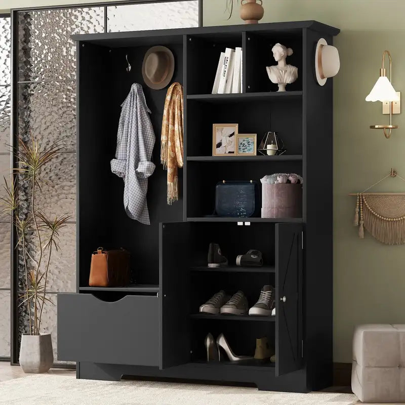 Black Hall Tree with Bench, Shelves, Drawers & Cabinet - Modern Entryway Storage