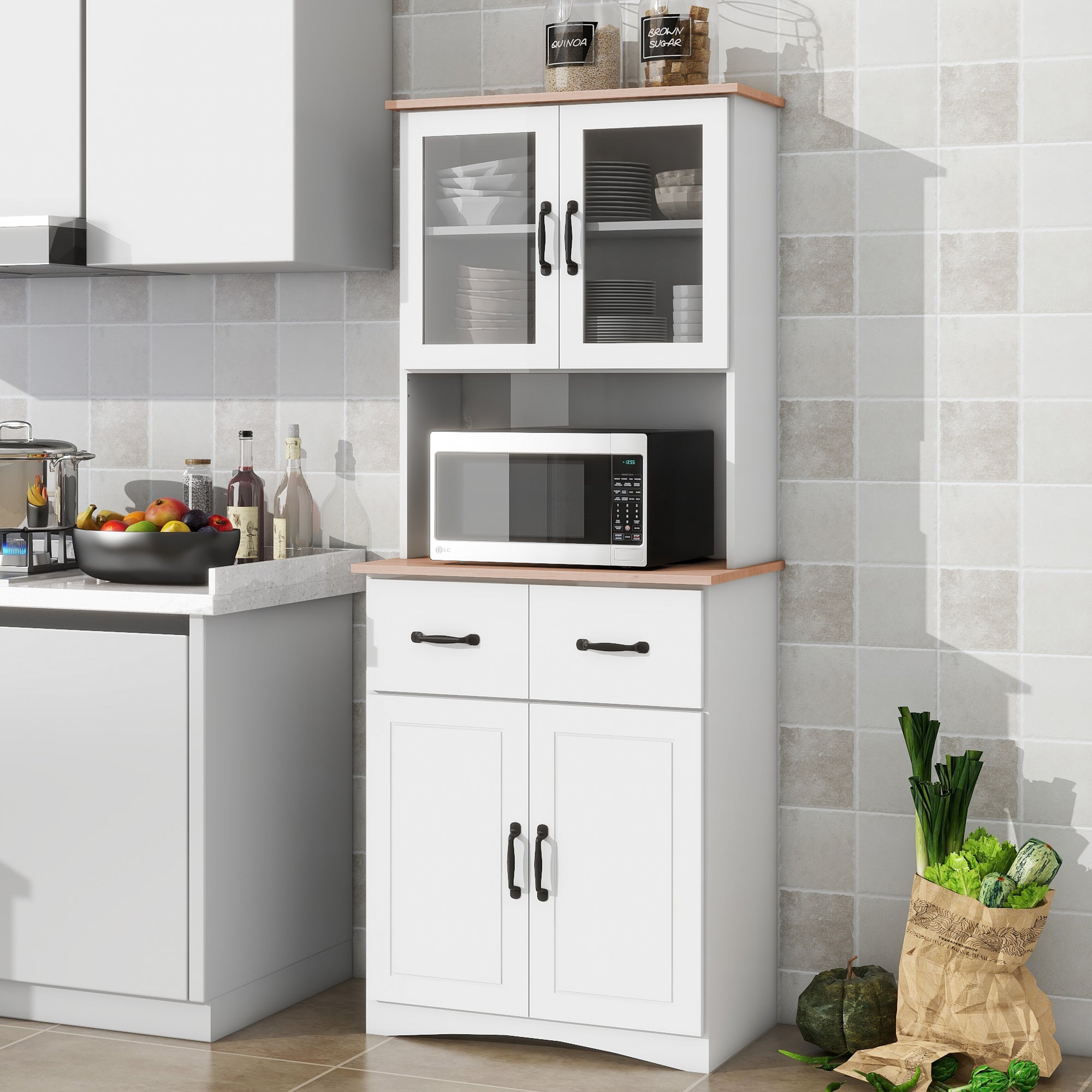 White Kitchen Cabinet with Glass Doors - Pantry Storage Microwave Stand - Wooden Drawer