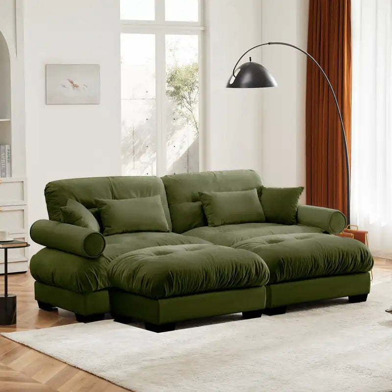 Oversized Olive Green Velvet Sofa & Ottoman Set