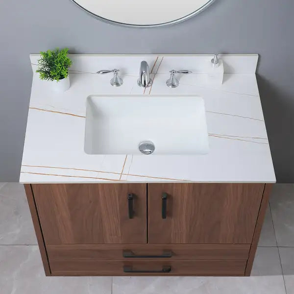 37" Montary Bathroom Vanity Top with Undermount Sink, White Gold Stone, 3 Faucet Holes