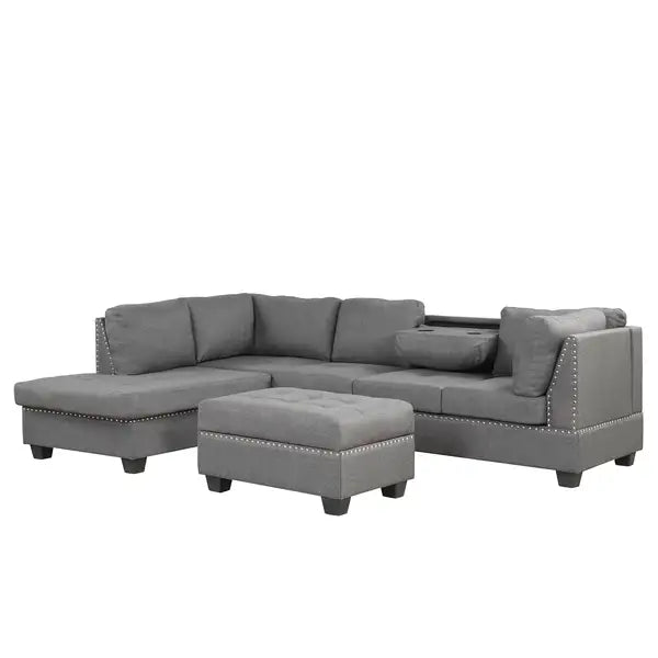 Space-Saving Reversible Sectional Sofa with Ottoman & Storage - Gray