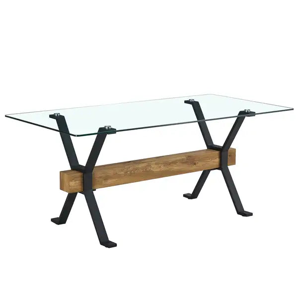 Modern Tempered Glass Dining Table with Black Metal Legs - 70.9" x 35.4" x 30" - Home & Office Use - Minihomy