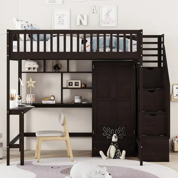 Full Size Loft Bed with Bookshelf, Drawers, Desk & Wardrobe - Espresso