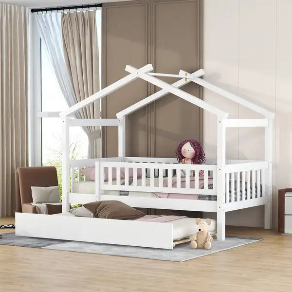 Twin Wooden House Bed with Trundle - White - Perfect for Kids Rooms