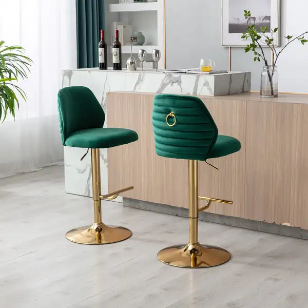 Modern Velvet Bar Stools Set of 2, Adjustable Counter Height, Tufted High Back, Green & Gold - Minihomy