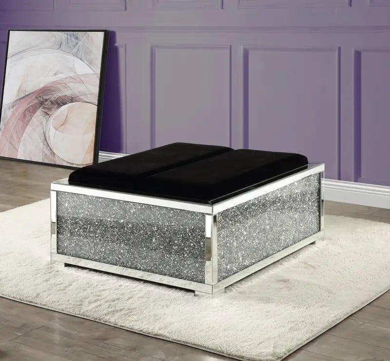 ACME Noralie Mirrored Ottoman with Storage - Faux Diamonds