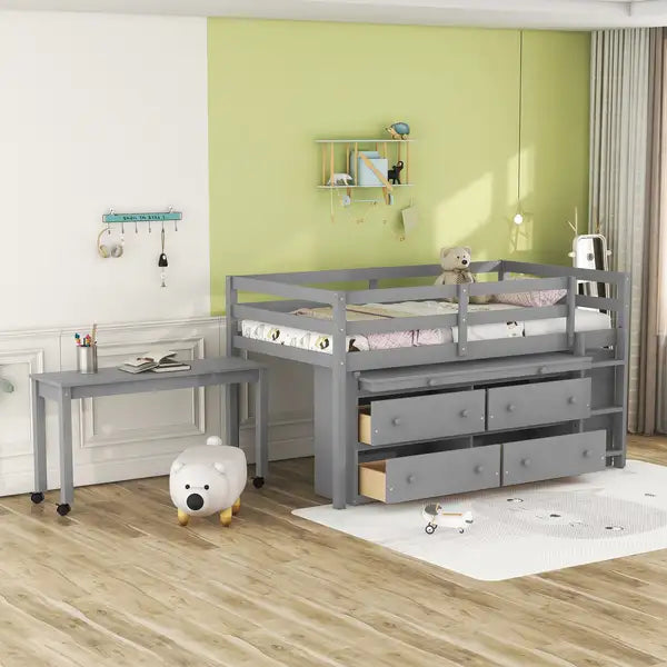 Twin Loft Bed with Desk & Storage - Gray, Wooden Loft Bed with Shelves, Retractable Desk