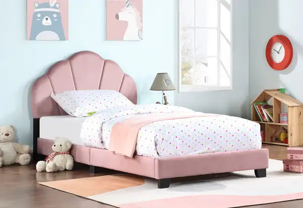 Twin Platform Bed with Shell Headboard - Pink Kids Bed Frame, No Box Spring Needed