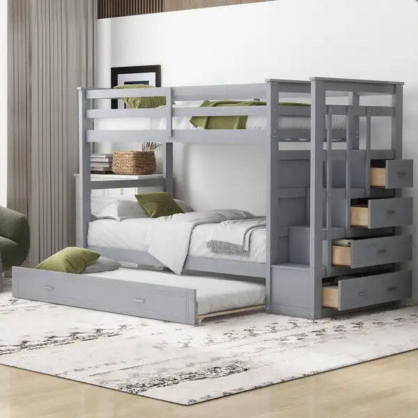 Twin Over Twin Bunk Bed with Trundle & Staircase - Gray