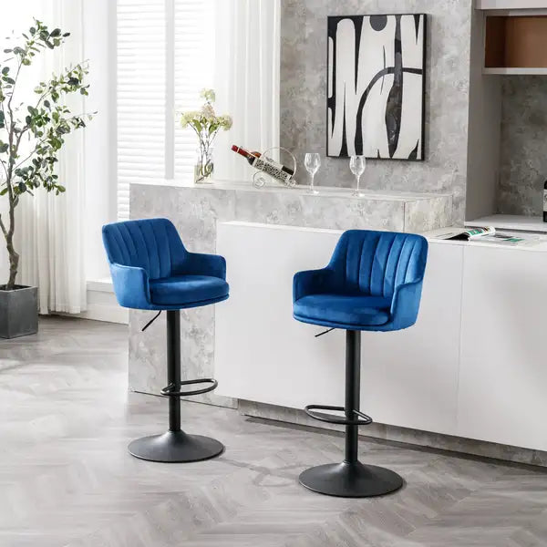 Adjustable Bar Stools Set of 2 with Back & Footrest - Counter Height Bar Chairs for Kitchen, Pub - Blue - Minihomy