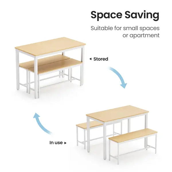 Industrial Dining Table Set with 2 Benches - Natural & White - Kitchen, Living Room, Party Room - Minihomy