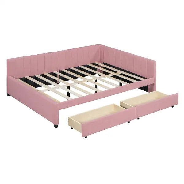 Full Size Upholstered Daybed with Storage Drawers - Linen Fabric (Pink) - Minihomy