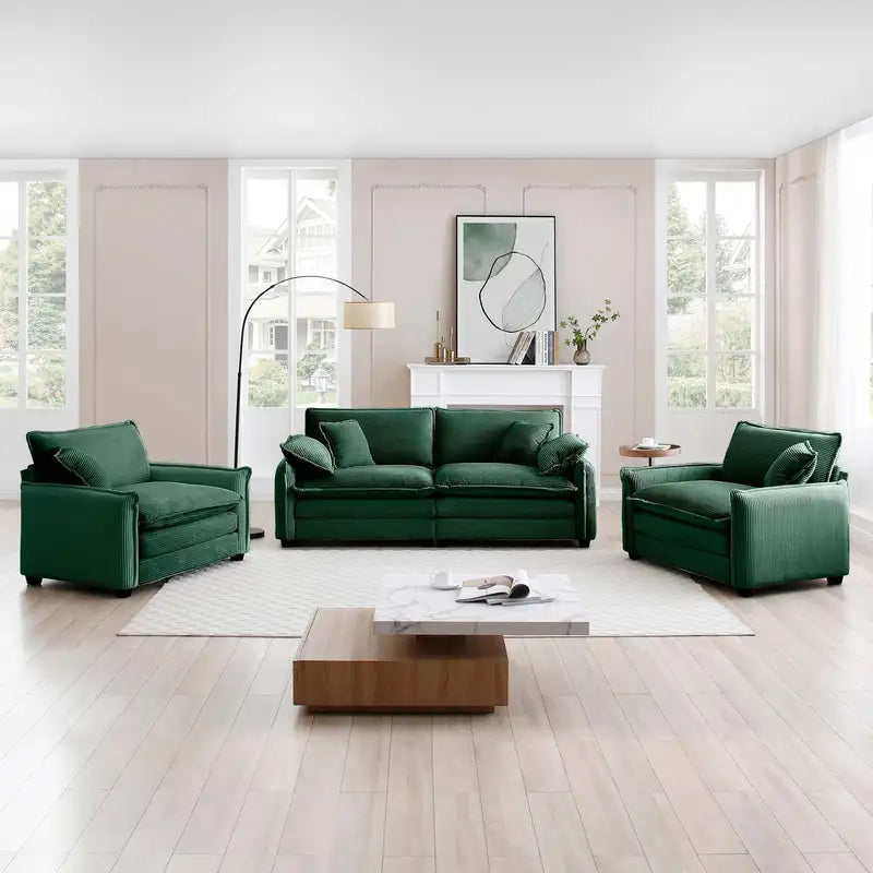 Green Corduroy Sofa Set: 2 Singles + 2-Seater, Luxurious Living Room Furniture