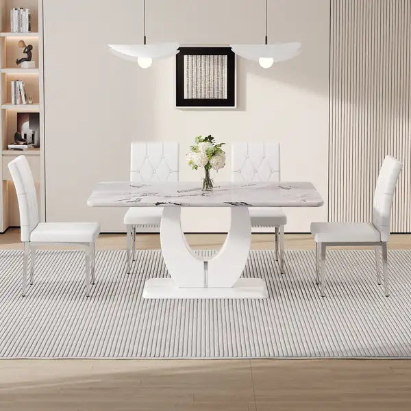 Modern White Marble Dining Table and Chair Set for Restaurant or Living Room - F-1280 - Minihomy