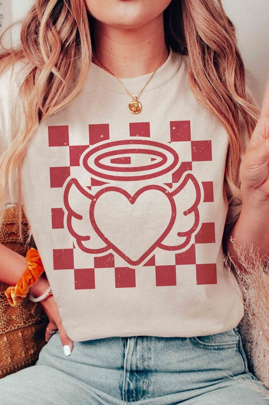 Plus Size - Checkered Angel Heart Graphic T-Shirt