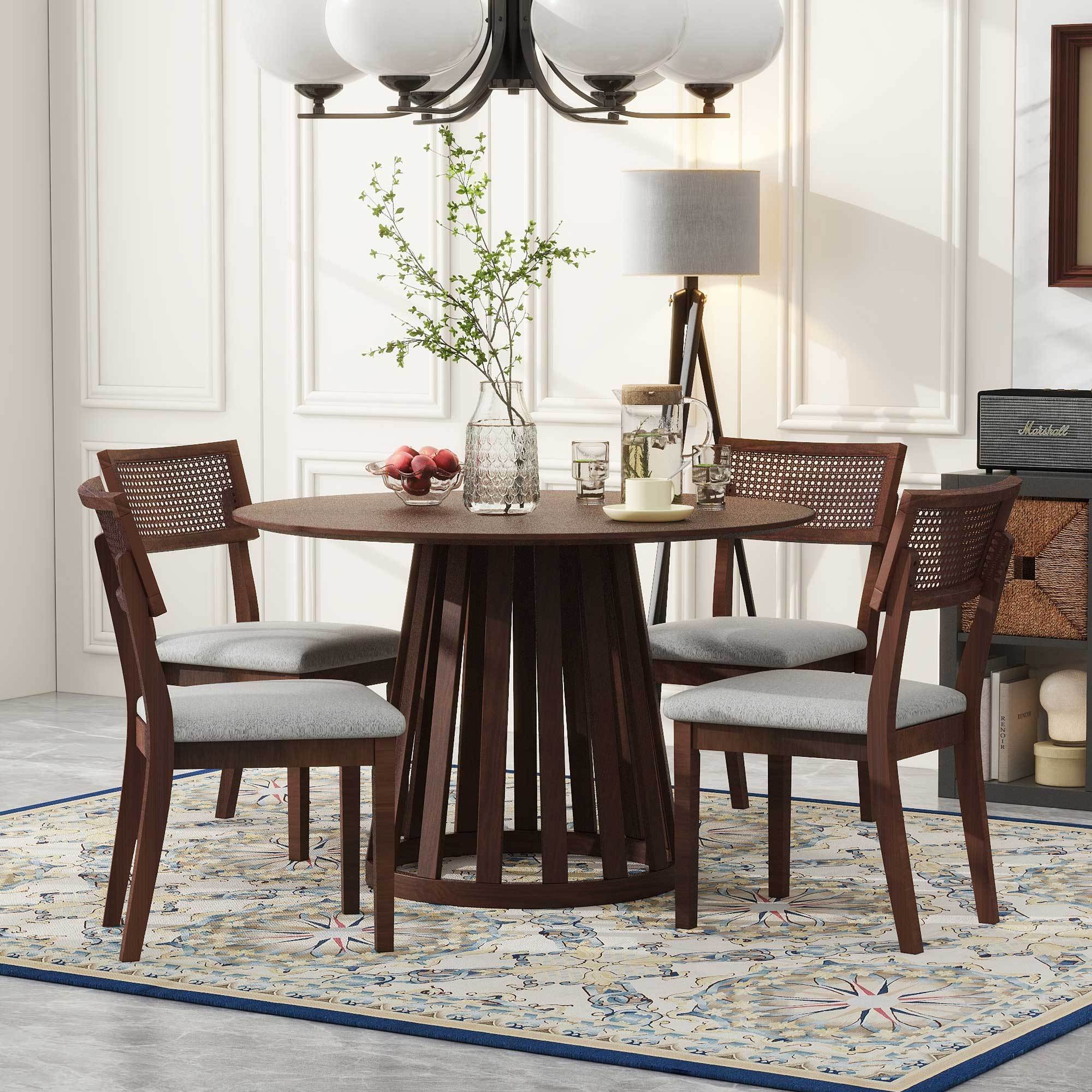 TREXM 5-Piece Retro Dining Set - Round Table & Upholstered Chairs (Walnut)