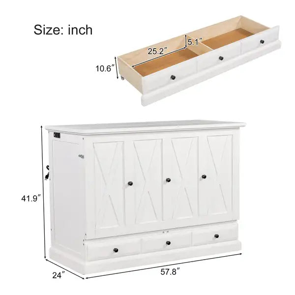 Pine Murphy Bed with Charging Station, Storage & Cube Cabinet - Full, White - Minihomy