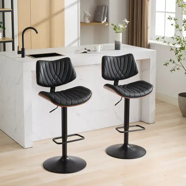 Black Leather Swivel Bar Stools, Mid Century Modern Adjustable Counter Height for Kitchen & Dining Room - 1 Chair - Minihomy