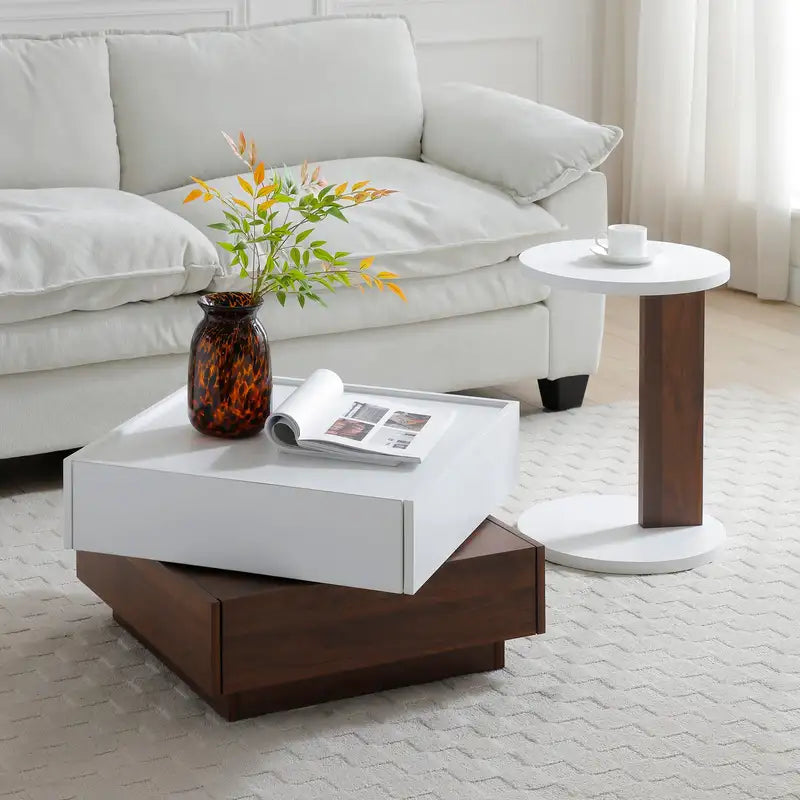 Swivel Coffee Table with Storage - 2-Tier White & Walnut