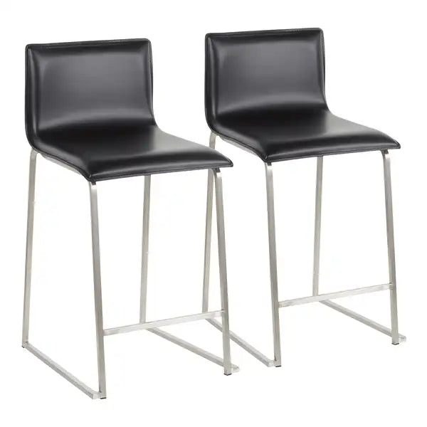 LumiSource Mara Counter Stools - Set of 2, Brushed Stainless Steel & Black Faux Leather