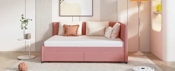 Full Size Upholstered Daybed with Storage Drawers - Linen Fabric (Pink) - Minihomy